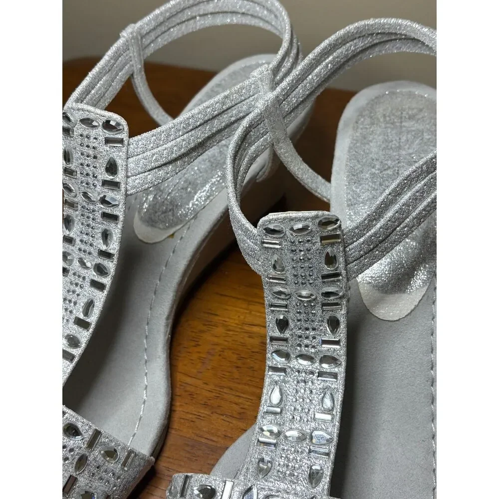 New York Transit Friend Ship Rhinestone T-Strap Wedge Sandals Silver Size 8.5